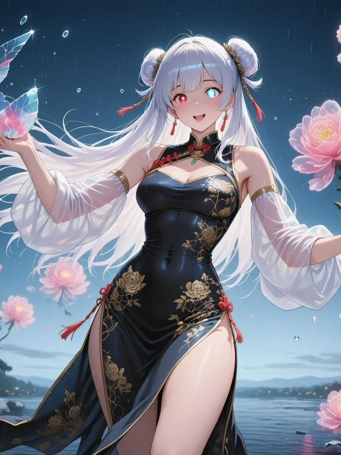 ((4k,masterpiece,best quality)), shuimobysim, Traditional chinese painting, lotuses, Hanfu, maxiskit, dress conservatively 1 girl, 独奏, whaite hair, long whitr hair, fox ear, white colors, 比基尼, The fish, Many fish are close to the girl, looking at viewert, Titillating，(gigantic cleavage breasts)
