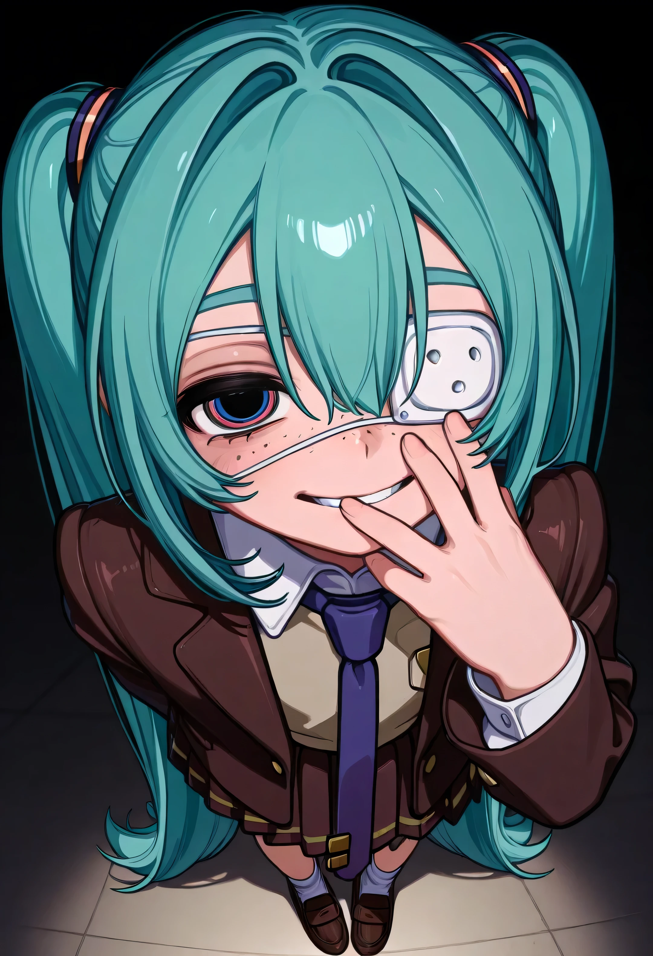 One Girl, ,  young, cute, beautiful girl, (Hatsune Miku), Highest Quality, ultra high definition, masterpiece、grinning,Hatsune Miku、very long hair、twin tails、bungs、hair between eyes、Medical eye patch、freckles、school uniform、collared shirt、tie、jacket、オープンjacket、long sleeve、pleated skirt、loafers、socks,face up, 、Look into your face and place your hand on your mouth, parted lips, shading face, Half-open Eyes