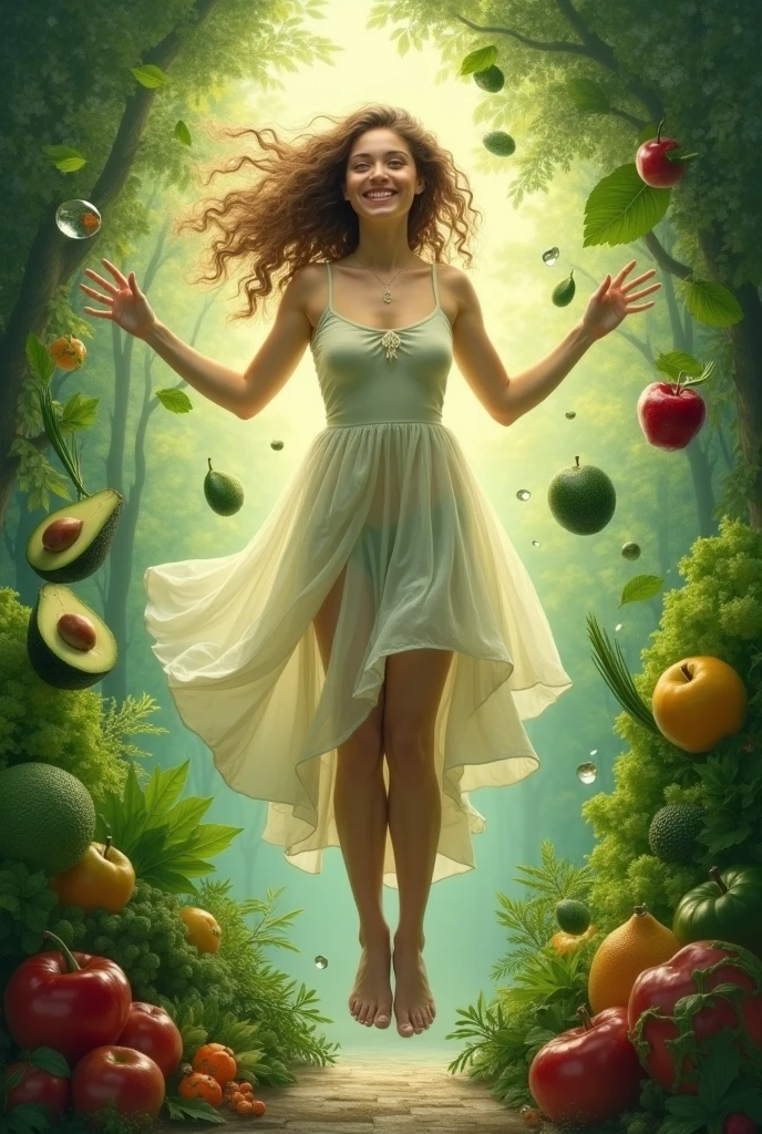 A woman wearing a dress made of kiwis,is screaming 