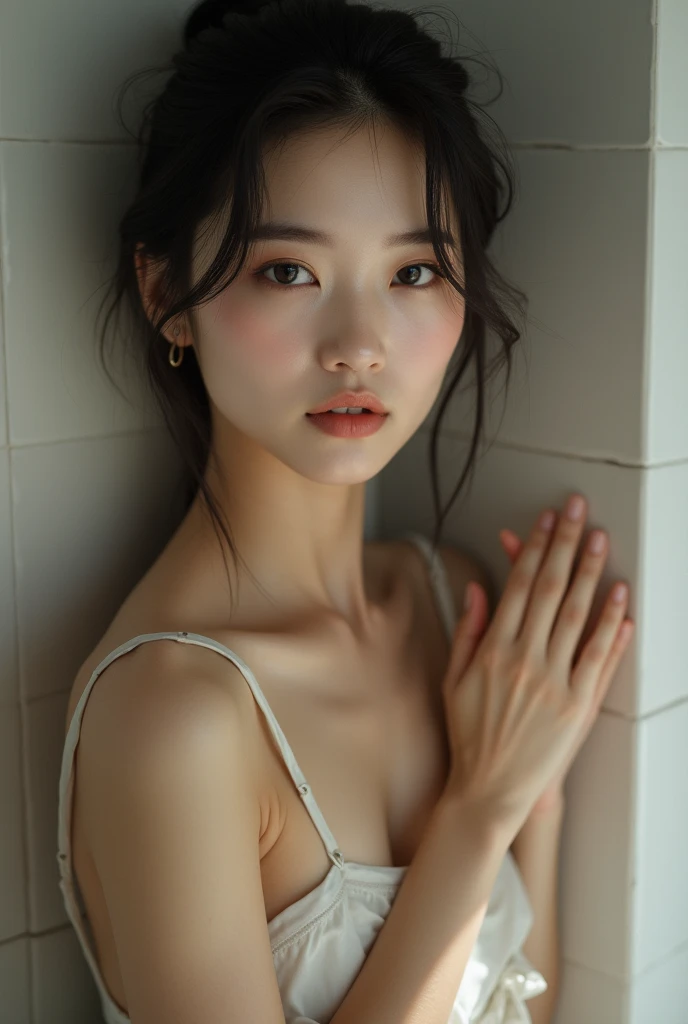 editorial photography,super detailed background,Super realistic,double exposure,depth of field,beauty super slender skinny young vides,soft focus pure tone,narrative scene,Plain color lyocell camisole,lean against the concrete wall,from directly below,A-cup bra size,fingering nipples,arch neck,open lips,crying,