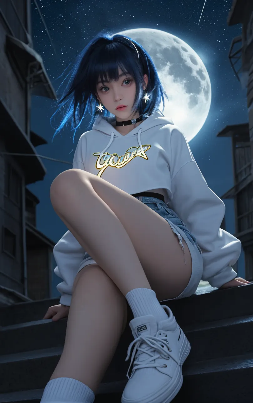 (Astronomical observation)、((Highest quality))、((masterpiece))、(detailed)、((Anatomically correct))、(High resolution、8k)、(Beautiful Skin:1.1)、One woman、(Beautiful eyes:1.2)、smile、whole body、Cleavage、Star of the sky、milky way、Dynamic composition、Beautiful light、Looking up at the night sky、hoodie、Denim hot pants、Black Hair、long hair、On top of the mountain、sitting on a rock