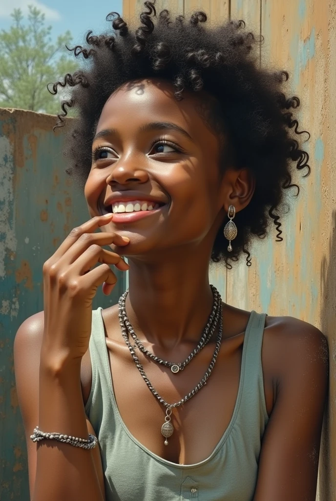 closed clothing, sweeter, shy, african woman, cute, seductive, Beautiful teeth, portrait, face only, sweaty, woman, female, outdoors, sunshine, pov, happy, realistic, BREAK