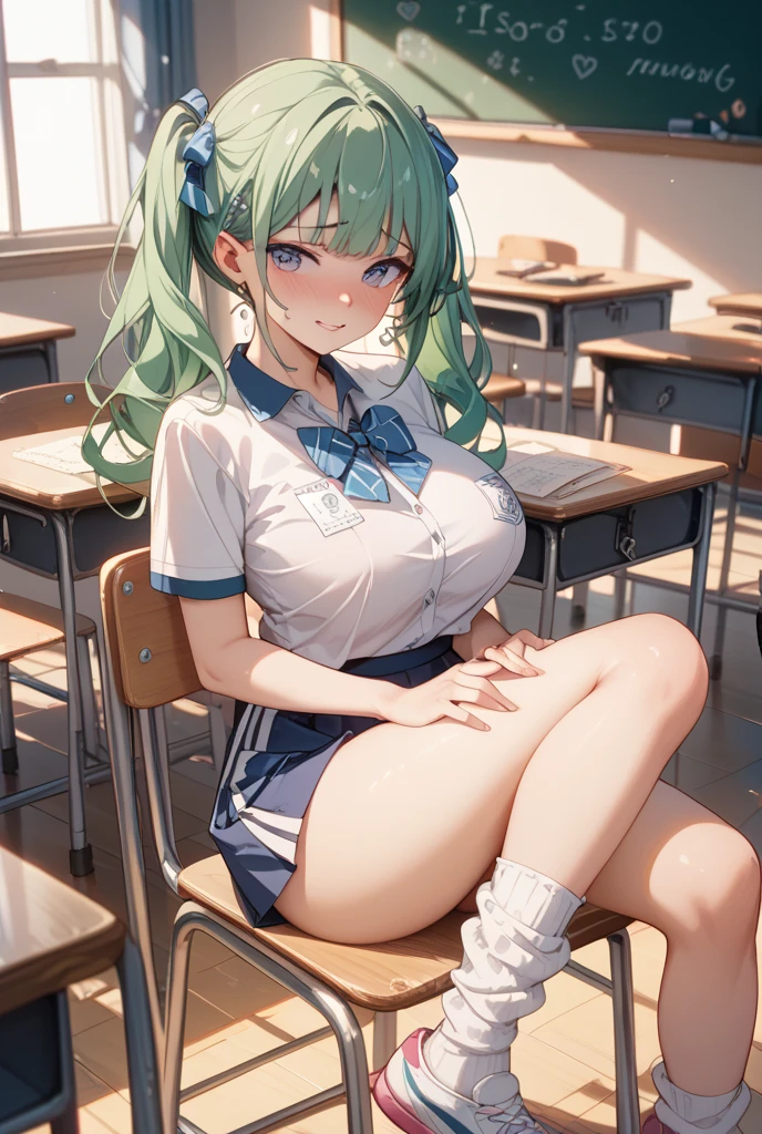 Big Breasts、A girl in a white gym uniform with erect nipples、Navy blue bloomers with a clearly visible slit、barefoot、classroom、A boy in uniform with an erection、Three boys fondling a girl&#39;s breasts