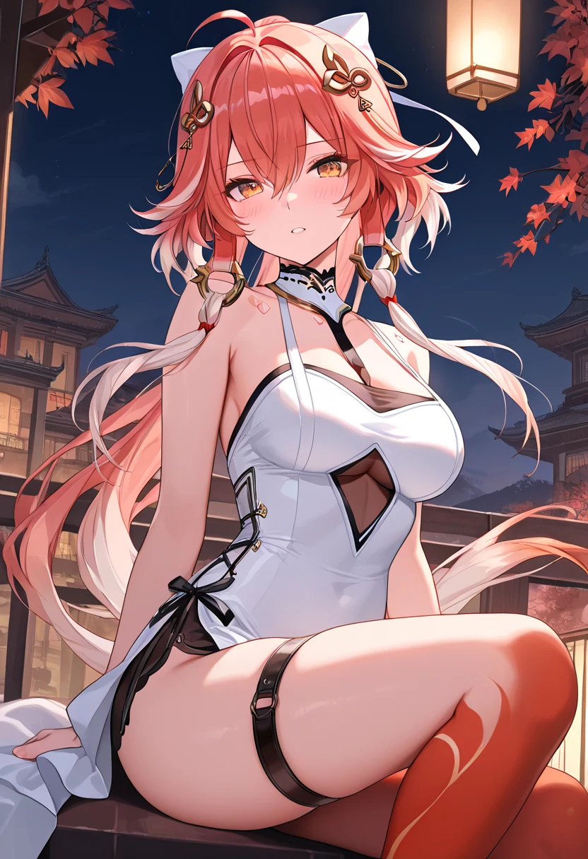 (((best quality))), ((ultra-detailed)), ((an extremely delicate and beautiful)), ((16k)), realistic, hd, cgi, gleaming hair, gleaming skin, gleaming dress, Character focus, solo, laying down pose, strong light coming in, sharp focus, illustration, game cg, anime, solo, curvy, (big breasts:1.3), forehead, ( white gold lining Chinese Lace Up Cheongsam Open Chest Bodycon Dress High Slit Qipao mini), faste collarbone, (belly:0.9), looking at the viewer, ocean, flower hair ornament, accessories, backlighting, shiny skin, shiny body, chibi, gloves, necklace, jewellery, black-brown hair, bead necklace, red faded into black colored hair, brown eyes, long hair, black bunny ears, red ombre hair, red-black hair, more yellow hair streaks, smaller dress, mommy goddess, thighs, looking back at the viewer