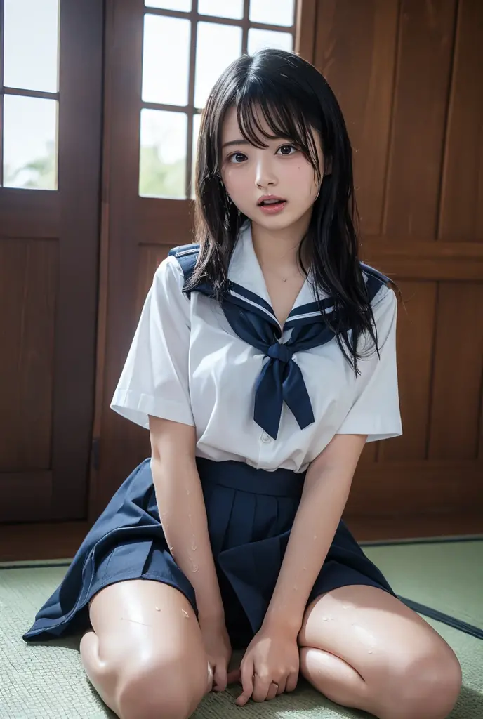((Inside a broken concrete building))、((Two beautiful Japan girls))、a beauty girl、Cute same school uniform、Same sailor suit、15yo student、Height 170cm、8th class、serious facial expression、With bangs、semi long hair、((Long skirt to hide the knees))、((Navy long skirt below knee length))、total darknessな夜、total darkness、(deep in the night)、the wind、Thin leg、Niō Standing、put strength into your body、((Photography equipment、Photography Staff、Reflector))、Battle Mode、