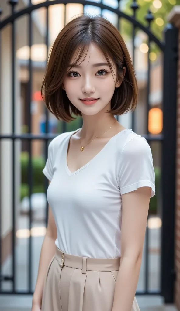 (8k, RAW Photos, highest quality, masterpiece, Realistic, Realistic), (1 female), (Ultimate beauty), Highly detailed face, (Perfect Teeth), Beautiful Eyes, double eyelid, eyelash, smile, Lip details, Brunette Bob, The light shines on your face, Big Breasts, ((T-Shirts)), (Tight mini skirt), (background: garden), ((Written boundary depth))