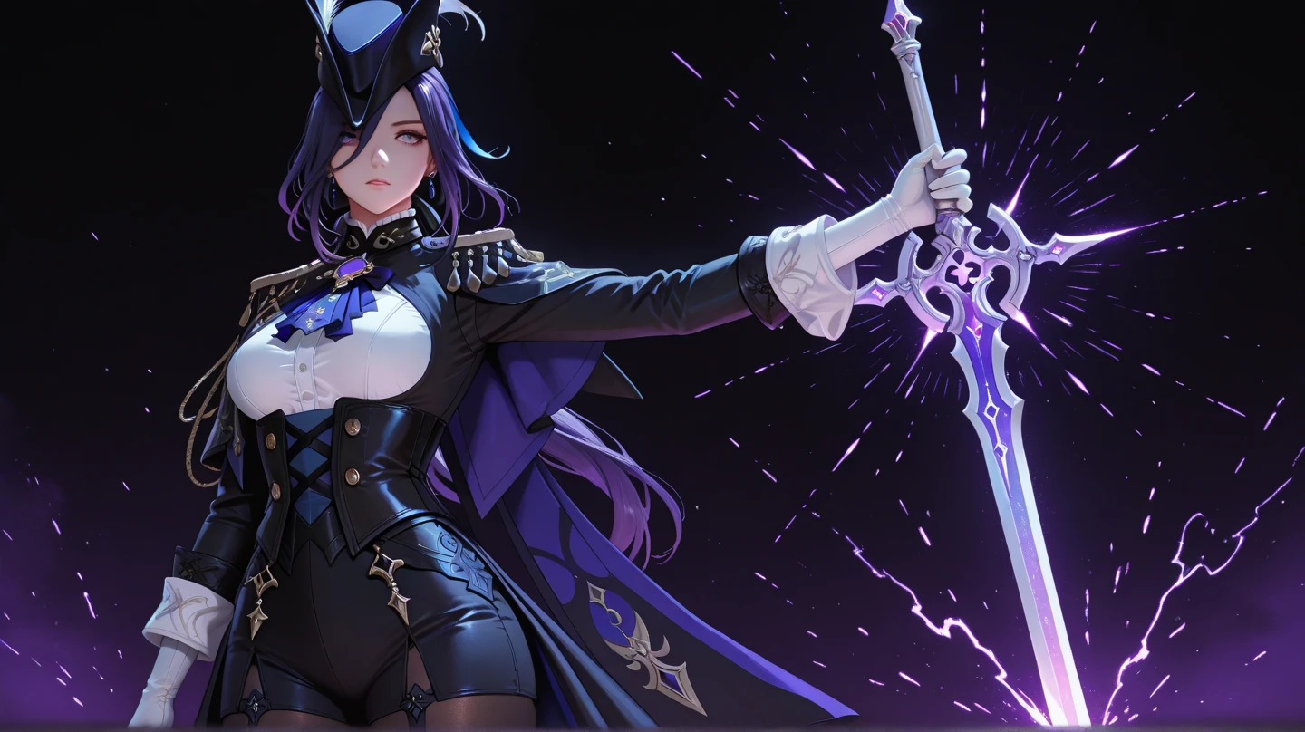 Close-up of a person in a purple cloak and holding a sword, 機械化されたwitchの少女, Holy Cyborg Necromancer Girl, dark witch character, Gapmoe Yandere Grimdark, Visual Novel Sprites, Villain Anime Girl, /!\ witch, Official character art, Dark magician full body pose, ( ( Character Concept Art ) )