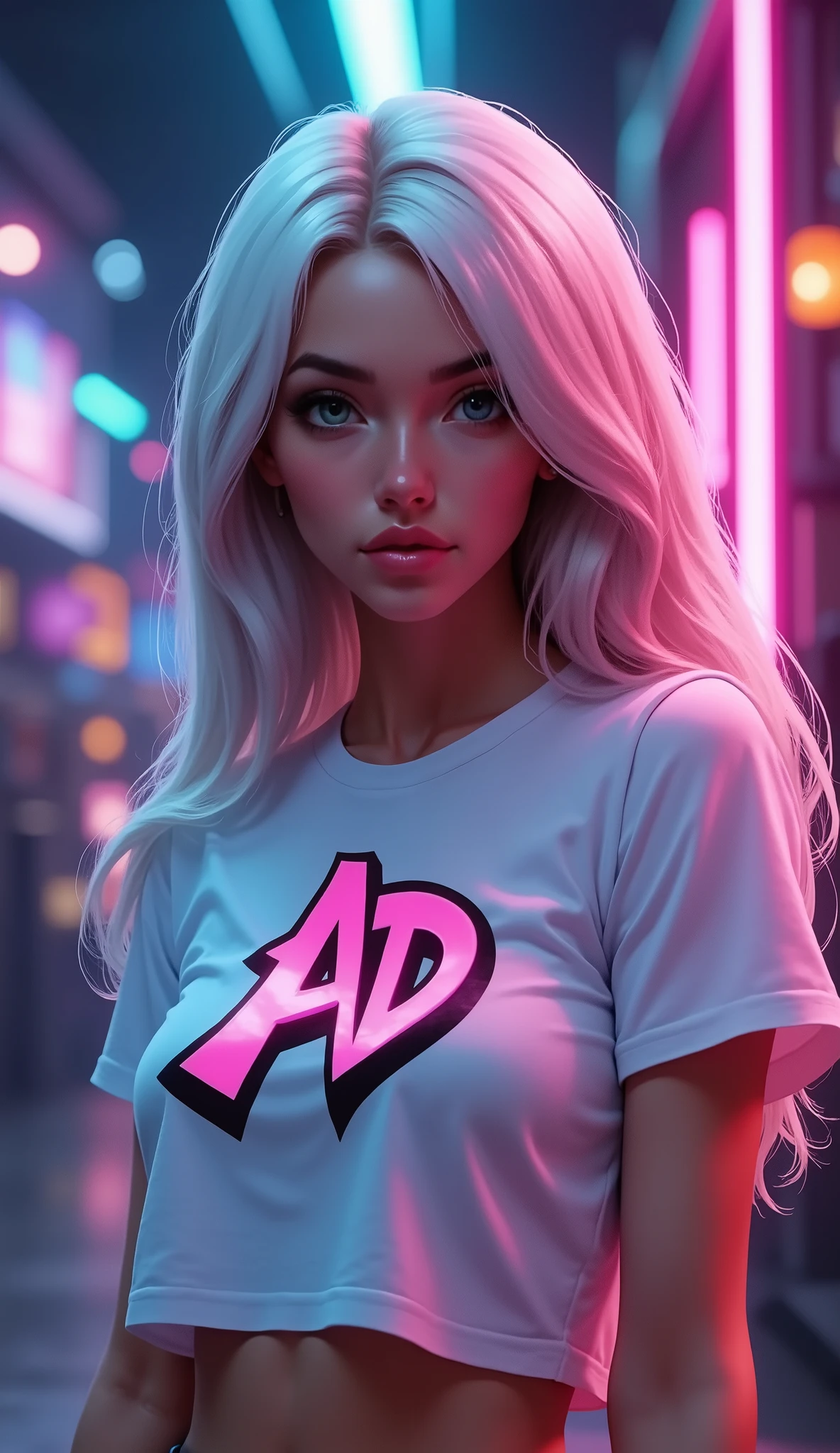 A striking digital illustration of a beautiful young woman with long, wavy white hair featuring subtle pink highlights, styled in a cropped white t-shirt adorned with a vibrant, graffiti-style "AD" logo. The composition is captured from a waist-up perspective, centering her in the frame with perfect headroom and a shallow depth of field, ensuring her shoulders and face are in sharp focus. The background is a dramatic blend of deep blues and magentas, infused with a vibrant neon glow that creates an electric color palette. The lighting exudes a moody and dramatic atmosphere, characterized by low-key cinematic lighting and high contrast. Intense shadows deepen the scene, while focused highlights accentuate her striking features, including her large, expressive grey eyes. Surrounding her face and upper body is a mesmerizing, glowing flame effect that enhances the futuristic vibe, reflecting off glossy surfaces and evoking a nightclub ambiance. The overall image conveys an intense and immersive look, blending urban energy with a retro-futuristic aesthetic that captivates the viewer.