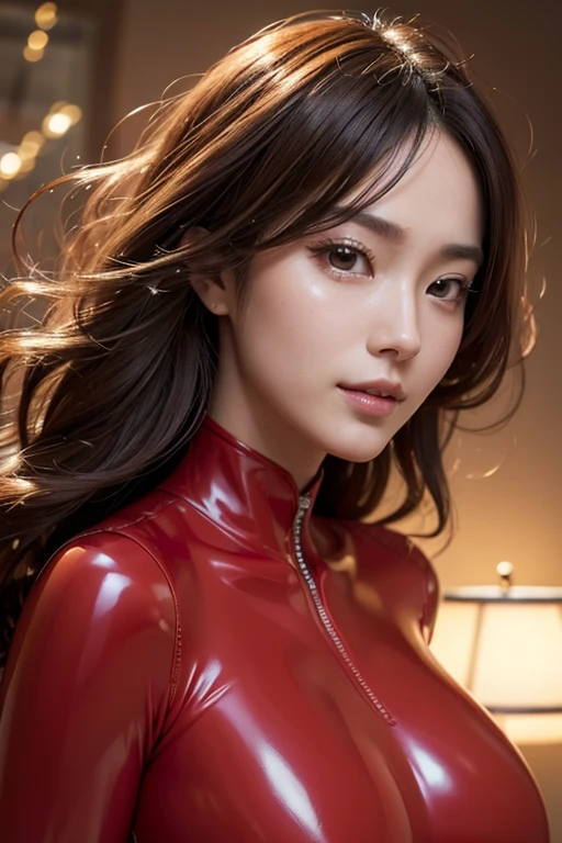 (RAW Photos:1.2)、Highest quality、Beautiful detailed girl、Tight red latex suit、Red latex bodysuit, Laughter、Highly detailed eyes and face、Beautiful and detailed、Large file size、High resolution、High resolution、More about 8k wallpaper、Highly detailed Ticker uniform 8K wallpaper、Light on the face、Cinema Lighting、16-year-old girl、Sexy pose、(Photorealism:1.4)、Consciousness upward、Surrealism、 From below、Super Detail、masterpiece