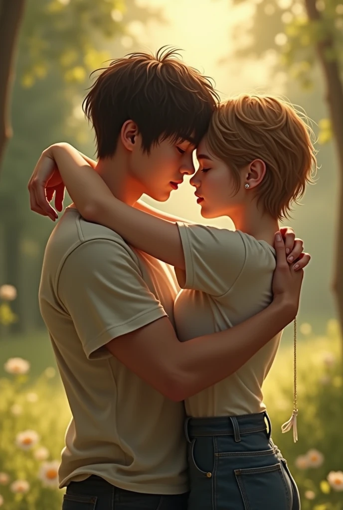 Byun Baekhyun câlinant une femme brune cheveux mi-long légèrement en surpoids,habillé en tee-shirt noir et jeans bleu foncé. On ne voit pas le visage de la femme, ils sont dans un parc