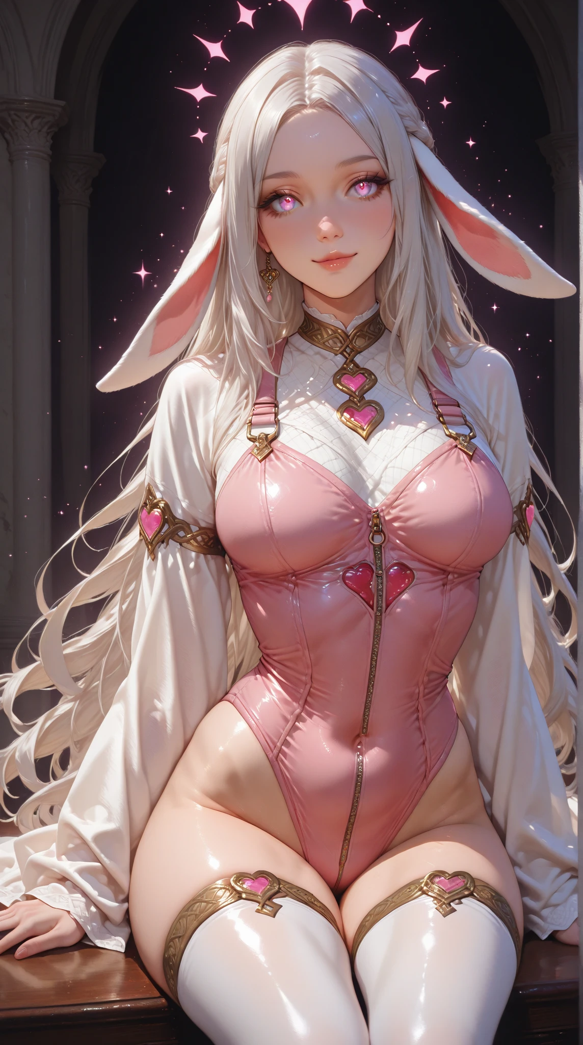 (quality)), ((masterpiece)), Recommended resultsluffly、(see through:1.5)、straight back、(Keep hips forward:1.)、angle to floor:1.2、low camera angle、There   flowing out of the crotch、Whole body facing the camera，Hair can be seen on the crotch，White skin，pink latex，huge upper body，huge bust，yoga clothes，rabbit, Rabbit ears, looking at the audience, Shy, Smile,
(masterpiece, quality, best quality, official art, Beautiful and beautiful:1.2), (1 girl), Extremely detailed,  rich and colorful, most detailed,Realistic Flesh,Nipple erection,Large areola,See-through,Stylish hairstyle,Backlight,Shiny Hair,Shiny Skin,Shiny eyes,Inner Color,Princess cut,Stylishly designed clothes,Shiny Lips,Ultra Dynamic Angle,