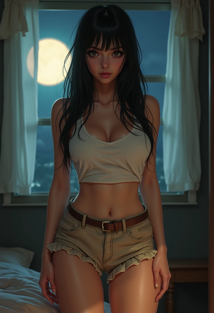 bolivian girl with big breasts legs open, green eyes, red top, moon light digital painting, gorgeous face, beautiful realistic face, ultra realistic digital art, ultra-realistic digital art --auto