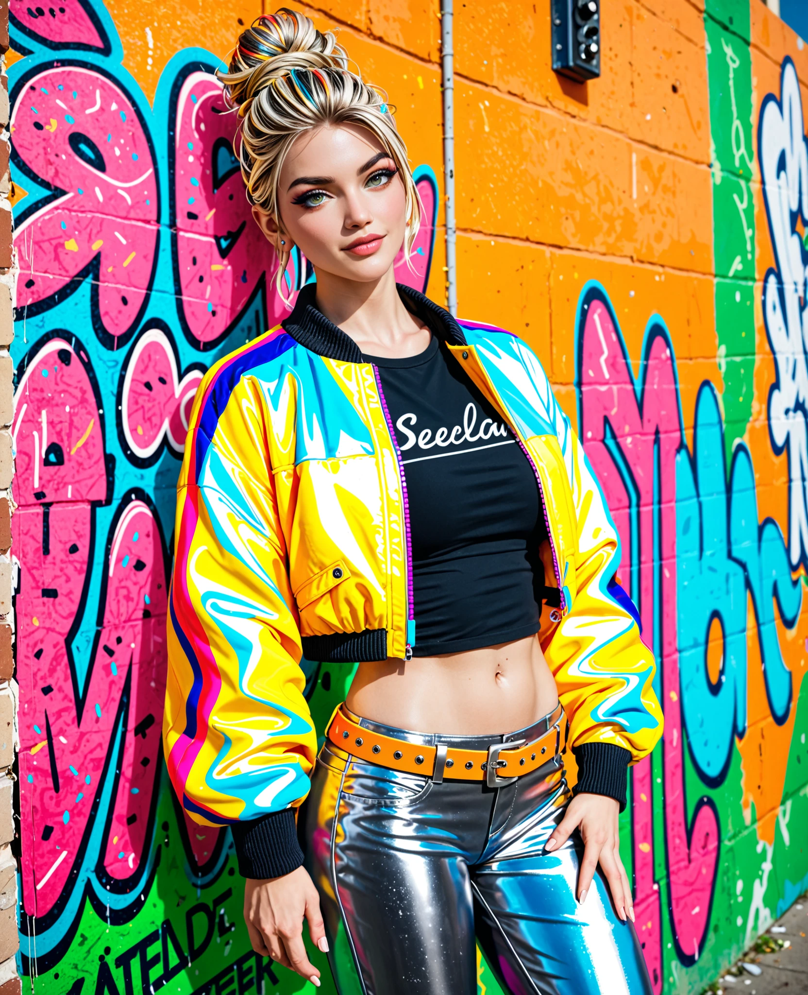 The image portrays a stylish individual standing confidently against a vibrant graffiti-covered urban wall. The person is dressed in a trendy outfit, featuring a colorful and eye-catching bomber jacket with bold graphic designs. The jacket is paired with a black cropped top and sleek black pants, accessorized with a belt featuring a metallic buckle. Their hair is styled in a casual messy bun with streaks of color, adding to the edgy, streetwear-inspired aesthetic. The background showcases an array of vivid colors and intricate graffiti patterns, creating a dynamic and artistic atmosphere. The sunlight casts a warm golden glow, enhancing the overall realism and depth of the scene. The composition exudes a sense of individuality, creativity, and urban energy.