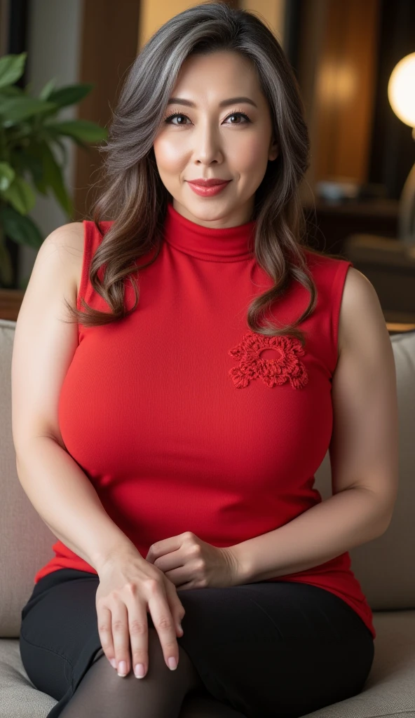 ((top quality、8k、masterpiece:1.3))、sharp focus, High level of image quality, high resolution，,Red crewneck dress，short sleeve，37-year-old woman with long wavy hair，Mature，charming smile，Draw lips correctly, red lipstick，stand，Slightly fat，Big breasts，garden background，full-body shot