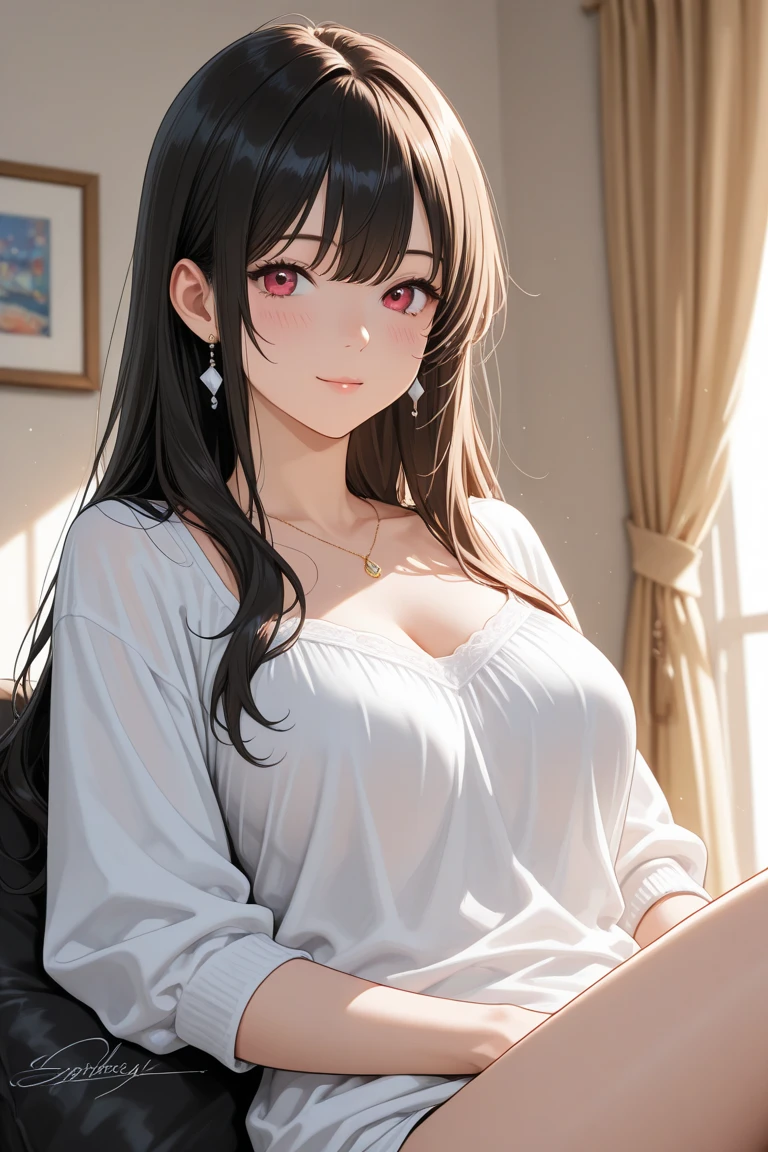 sexly, cinematic angle, looking up, (hand on own chest:1.2), Upper Body, Realistic, real person, (pale skin: 1.2), RAW photo, photorealistic, shiny skin, shiny hair、(A 2 woman with medium-length hair and bangs) and (wavy hair) and (brown hair) and (orange eyes) , White T-shirt 、Cleavage、Sad smile, (embarrassed:1.3), Sofa in the background、Alone、