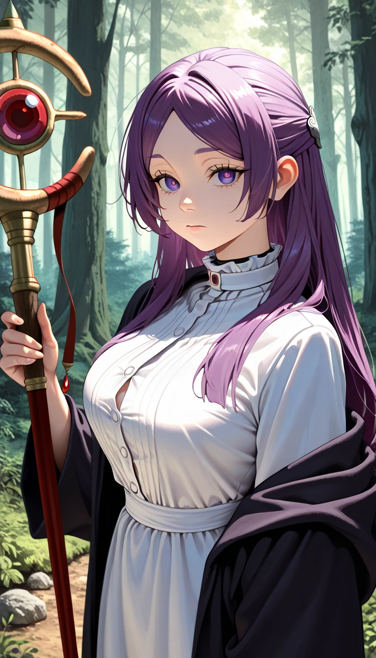 Masterpiece, 1girl, FernFrieren, purple eyes, purple hair, long hair, half updo, hair ornament,FernBase, purple eyes, purple hair, long hair, half updo, hair ornament, white dress, collared dress, black robe, outdoors, forest, holding large wand, standing, upper body shot, looking at viewer, buttongap