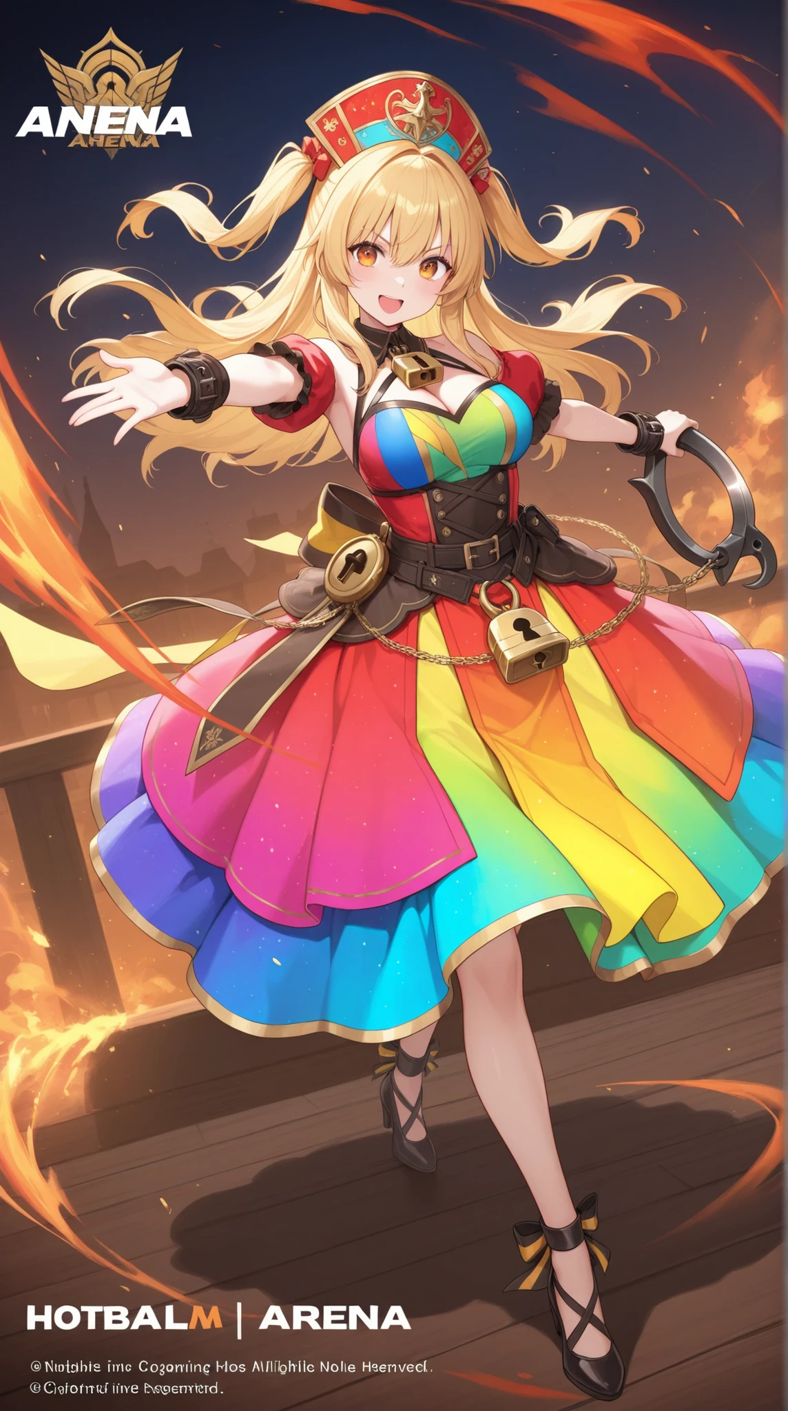 female, Colourful Noble Dress, lock sickle,  Hot Arena, dynamic pose on the back in heat