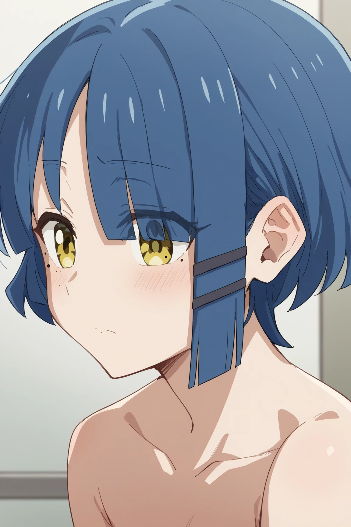 masterpiece, best quality, movie still, 1girl solo, female focus, looking at viewer, upper body, depth of field, (watercolor illustration, soft pastel colors:1.1), realistic, blue hair, white eyes, naked, perky small breasts