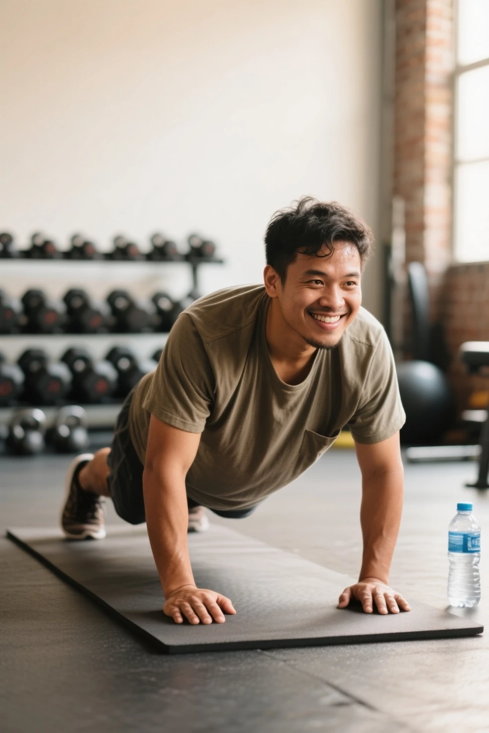 generate a master photograph describing a shapely Man, a fitness model performing a challenging core workout in a modern gym, (8K, best quality), smile, brown hair, black hair, (hard chest, six pack, v cut), He is in a plank position, showing off his defined abs and strong arms. The gym background is sleek and clean, with natural lighting enhancing his physique, (He has sexy buttocks, Most sexy booty, Most sexy glutes), Manly, Mancore, (He has fit hips, sexy hips, sexy fit hips, extremely sexy hips), (asian skin, glistening skin, beautiful complexion), shot on Fujifilm superia, (Studio soft light, high detail, cinematic lighting, rim lighting), Style: (hyperrealistic, by DynastySeries FashionNova, photo, {{{masterpiece photography}}}, analog photograph, professional fashion photoshoot, trending on artstation, synthwave, krrrsty), Quality: (photographed, masterpiece, highest resolution), Definition: (highres, sharp focus, 8k uhd, ultra photo-realistic resolution), Film: (80 mm, shot on portra 120, shot on Fujifilm), Resolution: (extremely detailed, (sharp focus:1.5), cinematic lighting, dramatic lighting, ultra photo-realistic), luxury: