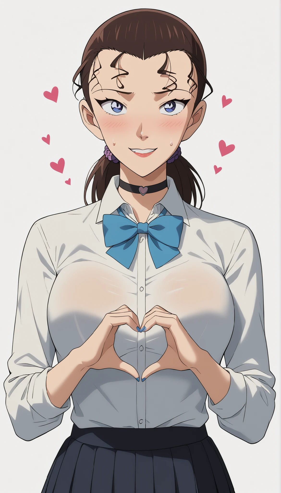 1girl, solo, Mizunashi_Reina's/Boruto, She's a tall and slender woman who has Waist-length hair, Brown hair, Tied-Down Hairstyle, blue Eyes, wearing Glassess, Embarrassed, Shy, smirk, Bedroom eyes, Hot, Sweating, breasts, looking at viewer, blush, smile, bangs, blue eyes, skirt, large breasts : 1.6, simple background, shirt, long sleeves, white background, bow, ribbon, Hyper cleavage, Round Veiny Breasts, Wet hair, school uniform, white shirt, heart, pleated skirt, teeth, choker, collared shirt, bowtie, black skirt, nail polish, grin, dress shirt, black choker, blue bow, scrunchie, blue nails, blue bowtie, shirt tucked in, heart hands, wrist scrunchie, best quality,masterpiece,amazing quality,very aesthetic,high resolution,ultra-detailed,,depth of field,volumetric lighting ,highly detailed,best quality,8k,best quality, very aesthetic, ultra-detailed, newest,BREAK, depth of field, masterpiece, amazing quality, high resolution, absurdres, newest,noona,manhwa,DBL,Baddie, nude_thighhighs, black_background, simple_background, mature_female