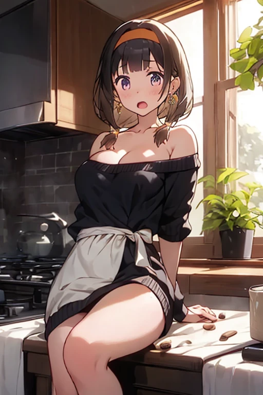 masterpiece, yor, 1girl, Amazing Cleavage:1.3, thin waist, big ass, Raised sexy, medium breast: 1.8 posed cleavage:1.2、solo, looking at viewer, open mouth, have a cup of coffee,black hair, red eyes, dress, bare shoulders, jewelry, collarbone, sidelocks, hairband, earrings, indoors, off shoulder, :o, sweater, arms behind back, plant, short hair with long locks, white hairband, off-shoulder long dress, sweater dress, off-shoulder sweater, red sweater, big side hair, very long side hair,is rendered in (masterpiece: 1.2, best quality), with (ultra high resolution) and an exquisite (depth of field). This masterpiece is not only visually stunning but also tells, make of cake cooking ,in the kitchen