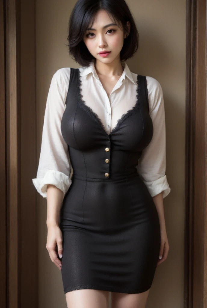 (masterpiece), (Highest quality), (High resolution), detailed, (複雑なdetailed 1.2), (Hyper detailed 1.4), (Gorgeous Digital Art 1.2), One girl, Mature Woman, masterpiece, Mistress showing her bra, goddess,Hair tied up on top of head ,((Black Hair)),Glasses, (Tight Skirt:1.3),