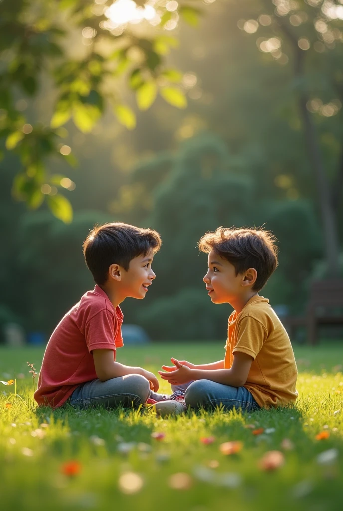 9-year-old boy, brown hair, wearing orange shirt, sandals on his feet, playing with uncle Cho, backyard lawn, flower garden