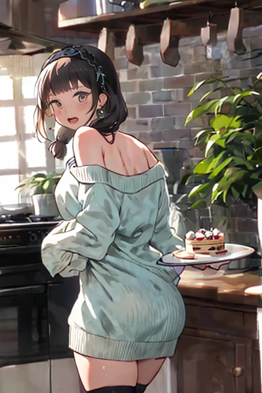 (small breasts:1.3), (perky chest:1.1), (pointed chest:1.0), (Carbonara Pasta magazine cover:1.3)，(from below:1.0),(from side:0.9),masterpiece, 1girl, Amazing Cleavage:1.1, thin waist, big ass, Raised sexy, small breast: 1.3, posed cleavage:1.2、solo, looking at viewer, open mouth, have a cute grass of cute beergrass,black hair, dark green eyes, dress, bare shoulders, jewelry, collarbone, sidelocks, hairband, earrings, indoors, off shoulder, :o, sweater, arms behind back, plant, short hair with long locks, gild hairband, off-shoulder dress, sweater dress, off-shoulder sweater, red sweater, dark gord hair, big side hair, very long side hair,is rendered in (masterpiece: 1.2, best quality), with (ultra high resolution) and an exquisite (depth of field). This masterpiece is not only visually stunning but also tells,A scene of cooking in the kitchen by classroom
