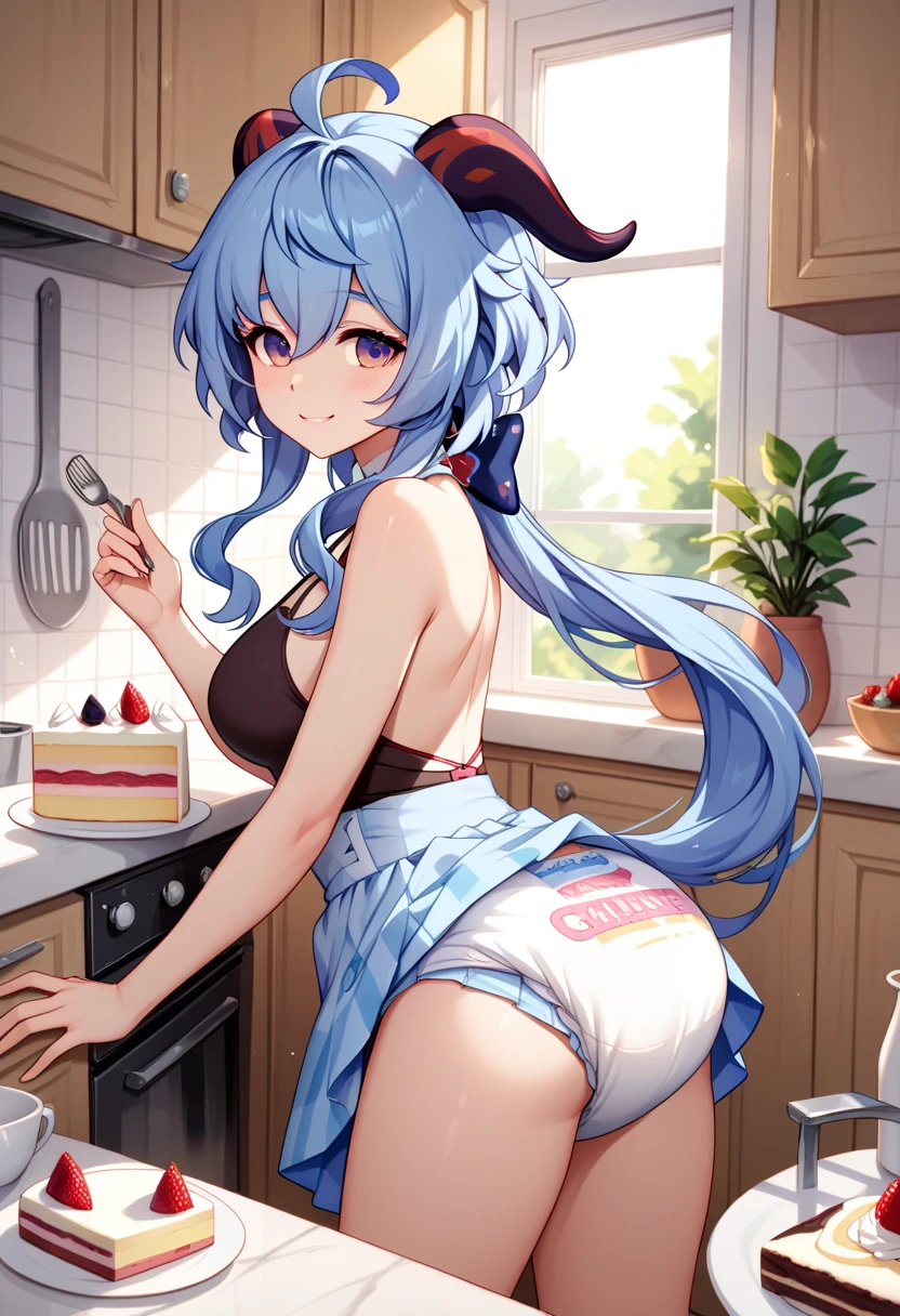 (Woman standing with her buttocks sticking out:1.3), (Pussy juice:1.3), (Sexy and cute blue underwear, Shiny satin panties, Side-tie full-back panties, Panties with lace trim:1.3), garter belt, Garter String, Knee socks, ((Embarrassed expression:1.4), (Sexual pleasure expression:1.4), (look up, mouth half open:1.3), (close ~ eye:1.2)), (kitchen, In the middle of cooking, In the middle of a meal:1), Perfect lighting, Perfect Shadow, Exact number of arms, Exact number of legs, Perfect Anatomy, Exact finger count、Exact number of legs、(Exact number of arms:1.0, Exact number of hands:1.0), (Perfect hands, Perfect Anatomy), Panty Sex Toys,vibrator, Angle from the rear