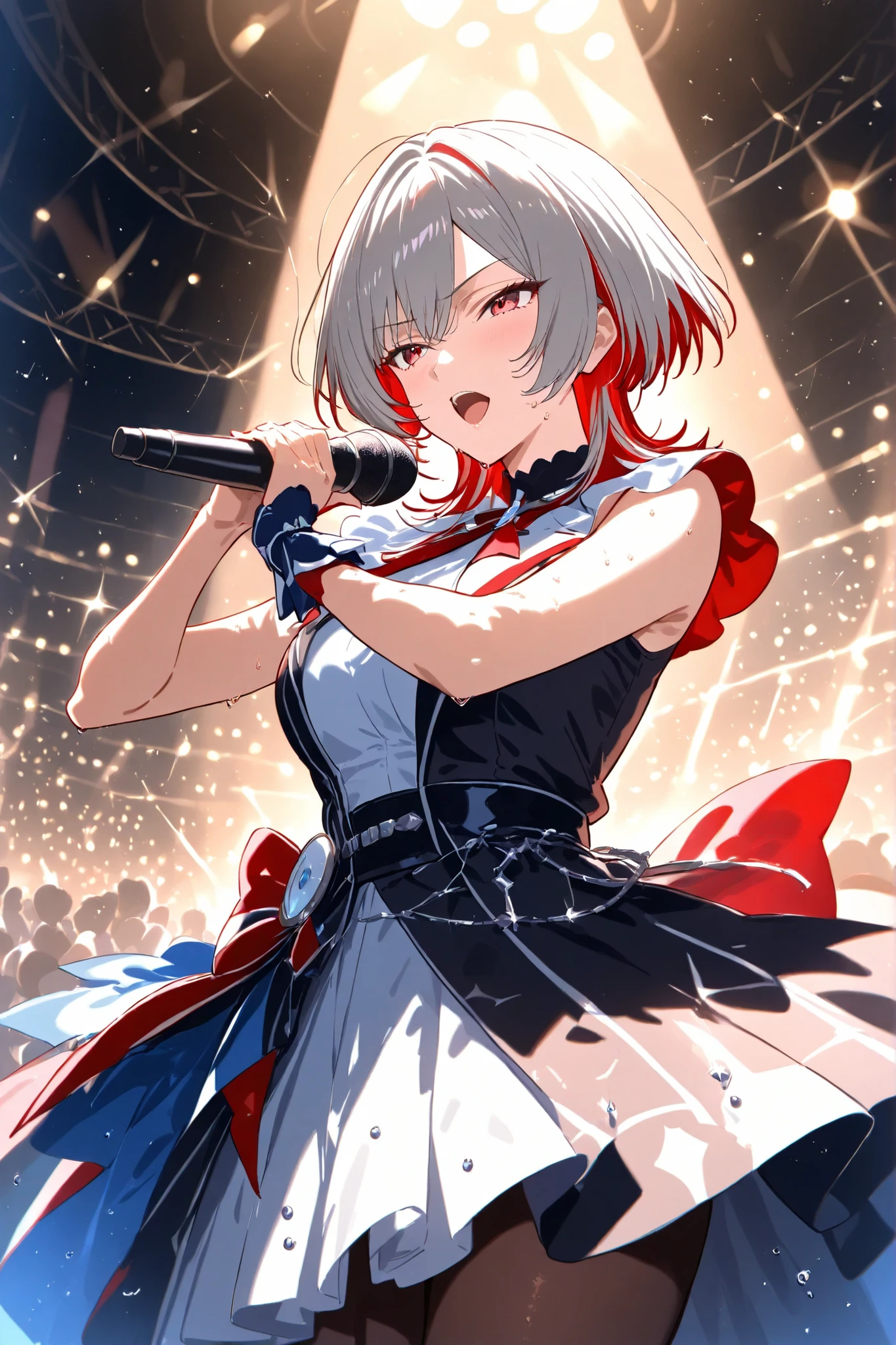 anime, masterpiece, best quality, 4K, solo, full-body, mature female idol on stage, gray hair with red highlights, red inner color, wolf cut hairstyle with sharp layers, side locks framing her face, sharp and calm eyes, composed expression, elegant and cool idol outfit, holding a microphone and singing, spotlight shining on her, standing confidently under stage lights, sweat glistening on her skin, crowd watching in admiration, soft glow and lighting effects, serene yet energetic atmosphere