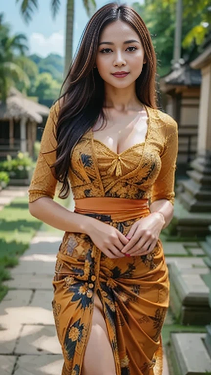 Half-length glamour portrait, nikon D850, f1.6 lens, 200mm, DSLR, 22 Megapixels, (((Strolling in a lush botanical garden scene))), shot of a stunning 19 years old korean girl, (smile:1.4), (wearing brown satin pussy-bow blouse with a Coral leather skater skirt:1.6), ((seductive pose)), hot girl, (((big natural breasts))), (((black fringe hair))), (small girl), symmetrical face, photorealistic, photography, (bright natural lighting), gorgeous, deep cleavage, (masterpiece), best quality, high resolution, extremely detailed, cinematic lighting, (((very narrow waist))), rich colors, hyper realistic, lifelike texture, ((jewelry)), (((She has beautiful hands and wears rings))), (bracelet), (necklace), (ankle chain), (nail polish) (earrings), Fuji Superia 200, 8k