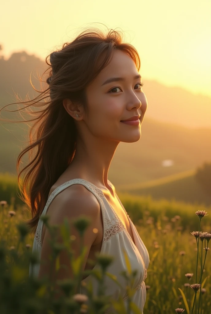 Aerial Photography，Big scene，Portrait of a lovely woman in a bright windy field, river, (Backlight), Practical, masterpiece, best quality, lens flare, In the shade, bloom, [[Chromatic Aberration]], author：Jeremy Lipking, author Antonio J. Manzanedo, number, Style-GlassFinal, Natural skin texture