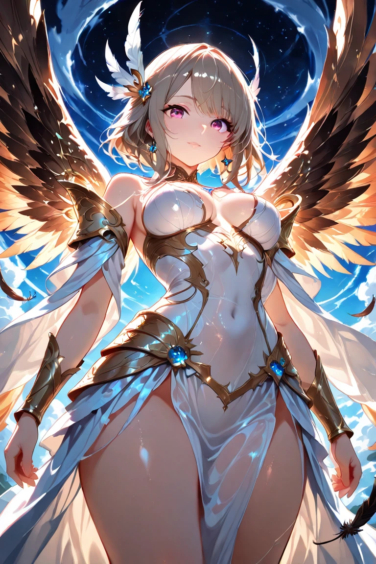 Fantasia, 1 girl with white feathers, feather ornament, blond, white undergarment, camel toe, Colossal tits, a miniskirt, closed eyes, :o, pain, screaming, tottering, dynamic pose, lightning glare, perfect anatomy, arched back, energy drain, disintegrate effect