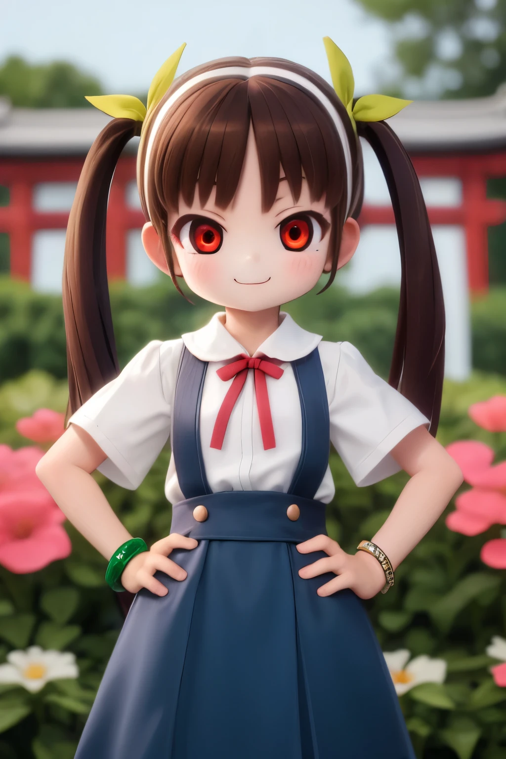 high resolution,1 girl, solo, Watch Viewers, Hachiku-ji Temple, long hair, brown hair, Red Eyes, Flat chest, Brown Hair、twin tails, green_hair ribbon, white hair band, skirt for ears, shirt, ribbon, green bracelet, uniform, white shirt, Short sleeve, blue skirt for ears, suspenders, suspender skirt for ears, star \(symbol\), smile, :3,hands on hips,portrait,garden