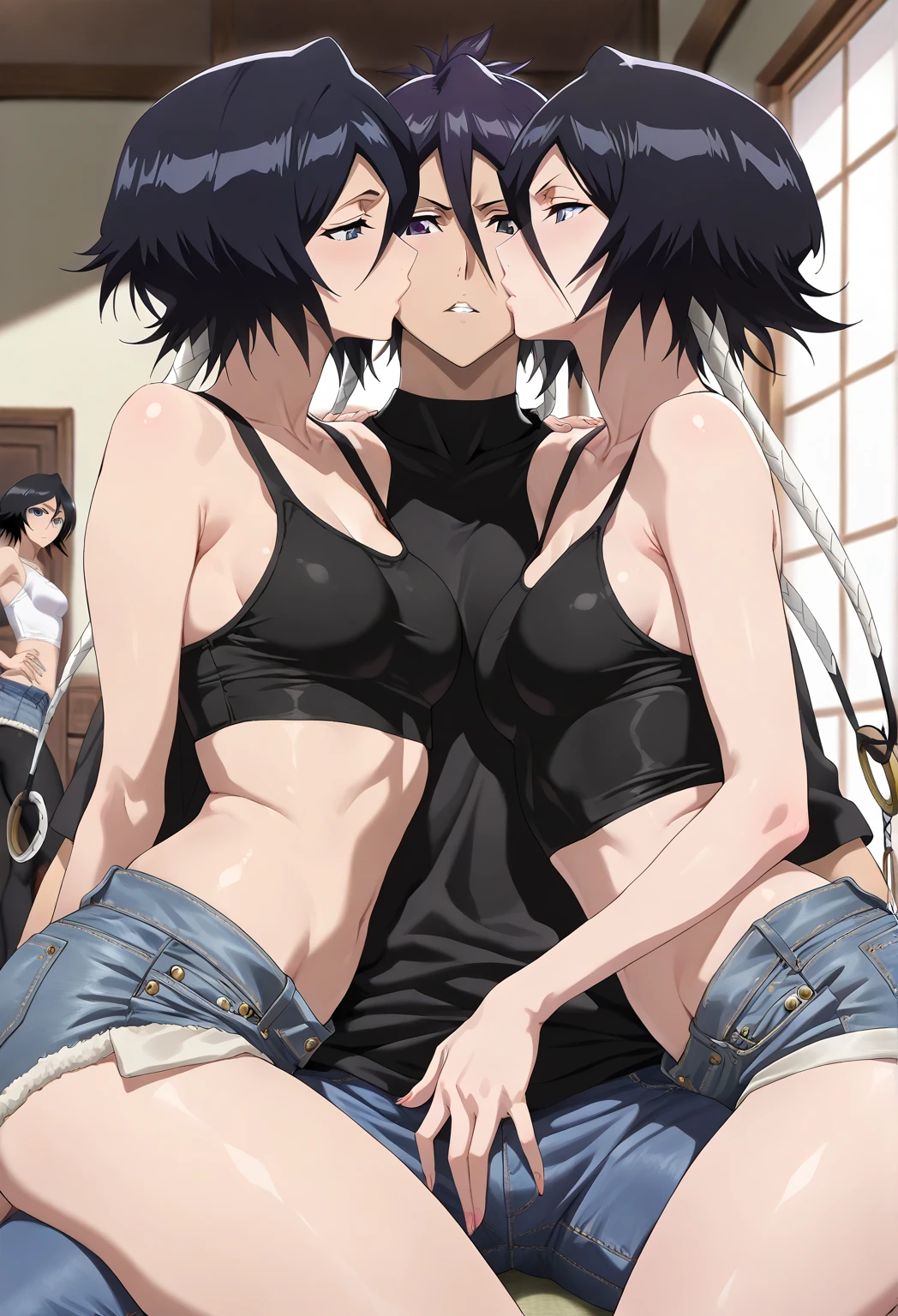 source_anime, rating_explicit, score_9, score_8_up, score_7_up, black_hair, goth, gothic, short_hair, looking at viewer, crop top, skirt, thighhighs, black clotges, goth girl, ikuchan, 2boys, mmf, standing side by side, faceless male, ), muscular male, ((size difference)), clothed, gyaru fashion, breast grab, cuckold pov, ((netorare)), ((ntr)), cuck, cuckolding, ((light skinned male)), ((cuck)), ((bleached)), ((wmaf)), white male Asian female