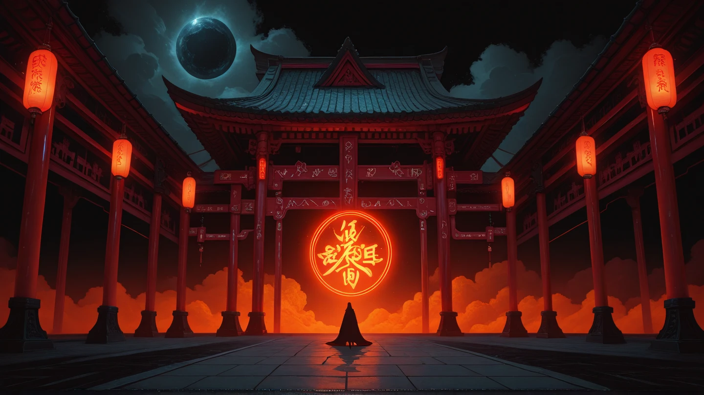 Close-up of building with the moon as background, cyberpunk chinese ancient castle, mysterious temple setting, Temple background, a mystical temple, game background, arte de fundo, amazing wallpapers, ☁🌪🌙👩🏾, Chinese fantasy, Zen temple background, background artwork, stunning screensaver, background-image, at night with full moon