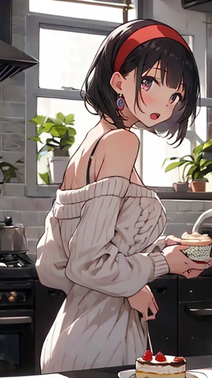 masterpiece, 1girl, Amazing Cleavage:1.3, thin waist, big ass, Raised sexy, medium breast:1.3,posed cleavage:1.2,solo, looking at viewer, open mouth, have a cup of coffee,black hair, red eyes, dress, bare shoulders, jewelry, collarbone, sidelocks, hairband, earrings, indoors, off shoulder, :o, sweater, arms behind back, plant, short hair with long locks, white hairband, off-shoulder dress, sweater dress, off-shoulder sweater, red sweater, big side hair, very long side hair,is rendered in (masterpiece: 1.2, best quality), with (ultra high resolution) and an exquisite (depth of field). This masterpiece is not only visually stunning but also tells, make of cooking some cakes ,in the kitchen ,(beautiful scenery), upper eyes, (with sparkling eyes and a contagious smile:1.0),looking at Viewer
