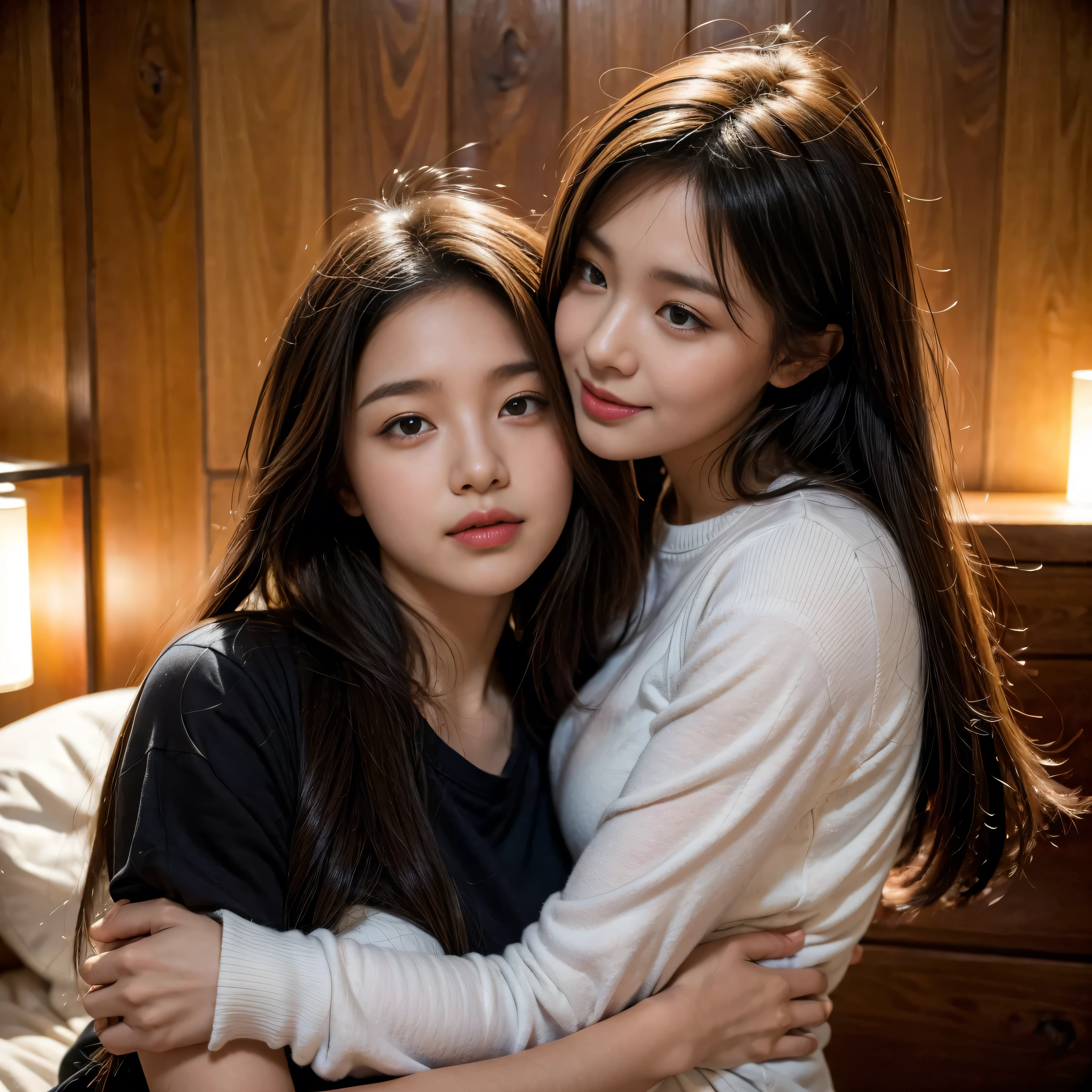 Korean girl with big eyes and brown hair hugging Korean girl with Latin features, alta y de cabello negro. Ambas usan vestidos elegantes y se ven felices. 