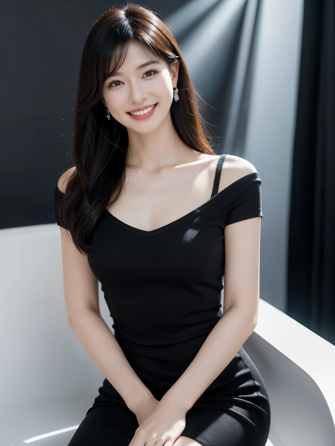 excellent,Close-up of face,Realistic,girl,Dress,Full breasts,Smile,Upper Body,High contrast,Light,shadow,Facial details,Black long hair,Comfortable posture