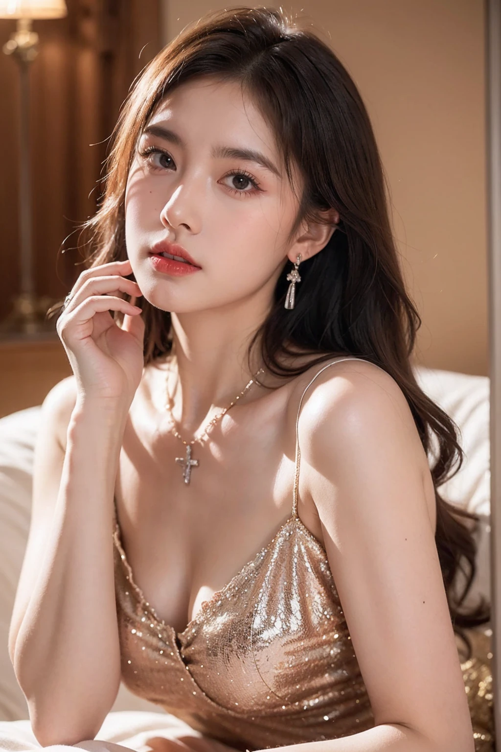 beautiful 20 year old girl, sexiest woman, long wavy brown hair, light brown eyes, realistic beautiful brunette, 16 year old girl, completely nude, well, no pants lining, revealing chest and vagina with little hair, very sexy and realistic photo, whole body、Angle that highlights the face、Focus on the face、Ethereal beauty, long flowing brown waves down to the shoulders, ((detailed face:1.2)), ((Detailed facial features)), delicate skin、Reflections add depth to her attractive features, Shot with Canon EOS R5, 50mm lens, f/1.8, High resolution, (8k) (background) 、shadowless light,studio light,soft light, ((david Hamilton style)), Bedroom in a luxury hotel in Rome, dark night bedroom, very sexy room, dark, warm, soft indoor lighting, classic luxury decoration, big bed, big pillows, 20 year old sexy Japanese woman , clear white skin, very white skin, flawless clean skin, very sexy face, very big face, silky soft hair, gorgeous wavy hair like an actress, thin eyebrows, eyelashes long, very beautiful light brown eyes,、great highlight on the eyes, transparent double eyelids, very dark sexy eye shadow, sexy eyeliner, look here, red lips, smile a little, sexy look most sensual, Eyes half closed, body type, thin and long neck, small saggy breasts, small nipples, large and luxurious gold necklace, large gold earrings in the ears, full nudity, Yes good、 no underwear、exposed chest、Actual anatomical body、very close to the face、whole body、from the front、from a little below、