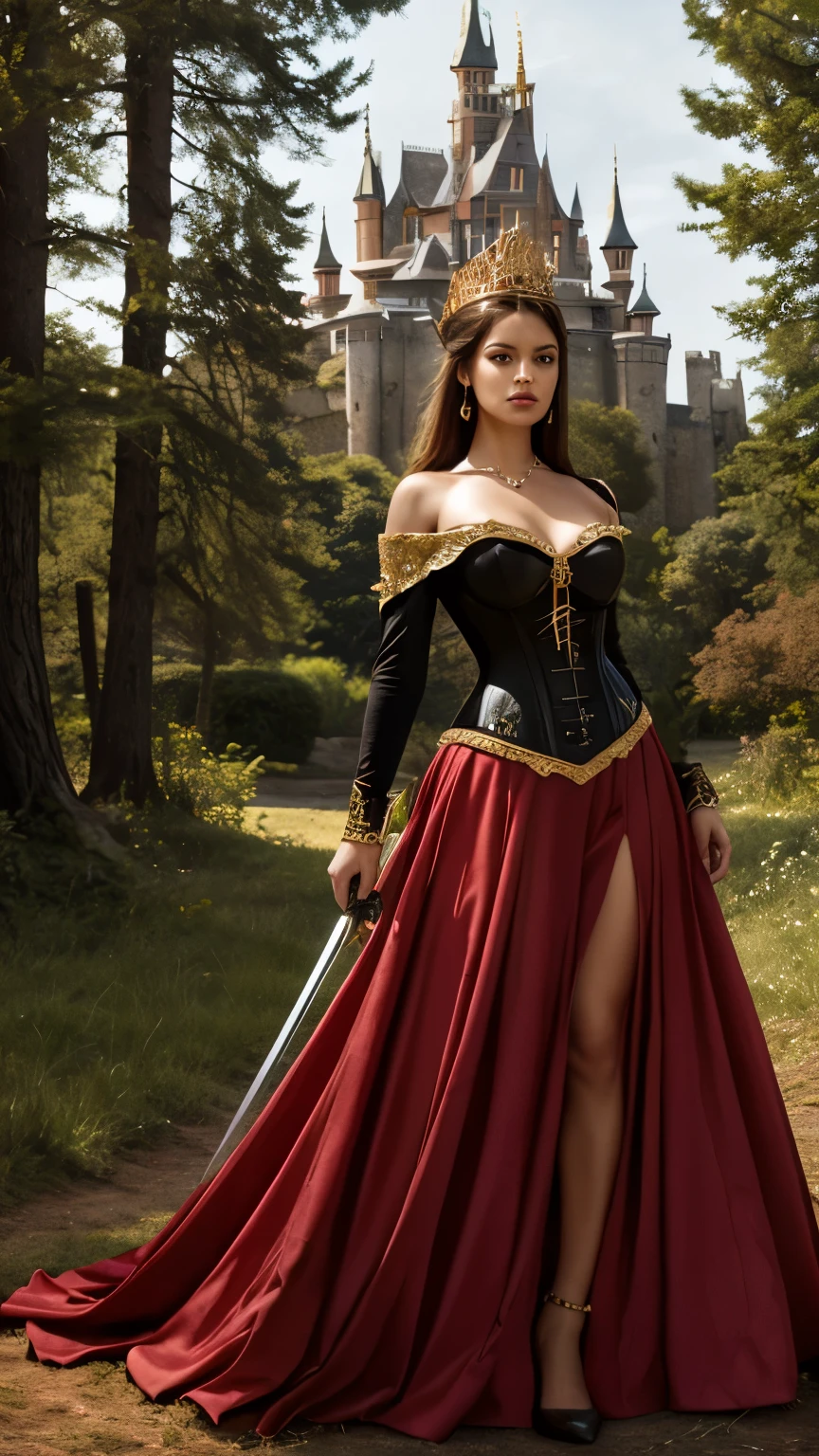 (masterpiece, top quality, best quality, official art, beautiful and aesthetic:1.2), (1girl:1.3), long and curly dark brown hair, extremely detailed, portrait, looking at viewer, solo, (full body:0.6), detailed background, close up, mischievous eyes, (warm summer castle theme:1.1), sorceress, charlatan, smirk, mysterious, walking in courtyard, revealing ((dark red)) sorcerer attire, red knee-length red skirt, off shoulder, straps, long sleeves, loose sleeves, cloak, corset, black leggings, black trousers, black pants, long brown boots, buckles, straps, pouches, magic energy, red fabric, white trim, ((((gigantic breasts, cleavage, skindentation)))), slim waist, slim hips, long legs, medieval (castle exterior:1.1) background, dark mysterious lighting, shadows, magical atmosphere, dutch angle