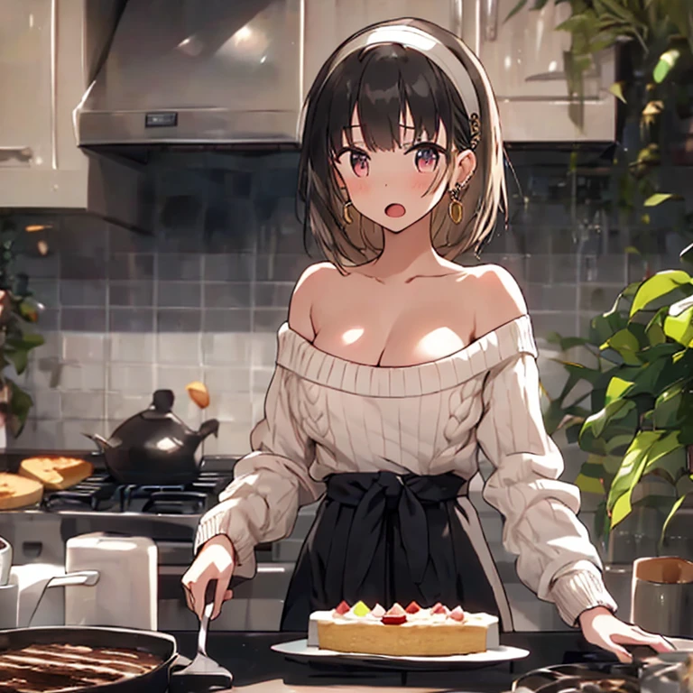 (small breasts:1.2), (perky chest:1.1), (pointed chest:1.0), (cooking magazine cover:1.3),(from below:1.2),(from side:0.9),masterpiece, 1girl, Amazing Cleavage:1.1, thin waist, big ass, Raised sexy, small breast: 1.2, posed cleavage:1.2、solo, open mouth, have a cute grass of cute beergrass,black hair, dark green eyes, dress, bare shoulders, jewelry, collarbone, sidelocks, hairband, earrings, indoors, off shoulder, sweater, arms behind back, plant, short hair with long locks, gild hairband, sweater dress:1.2, off-shoulder sweater, red sweater, dark gord hair, big side hair, very long side hair,is rendered in (masterpiece: 1.2, best quality), with (ultra high resolution) and an exquisite (depth of field). This masterpiece is not only visually stunning but also tells,A scene of cooking in the kitchen by classroom ,looking at viewer,