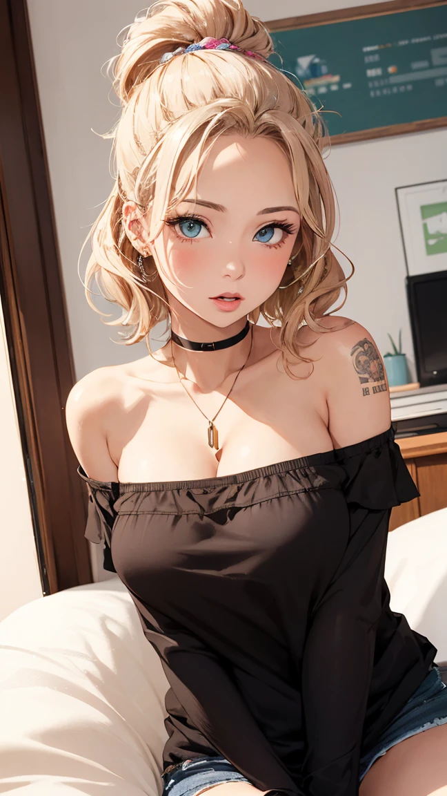 (realistic: 1.4), (masterpiece, sidelighting, finely detailed beautiful eyes: 1.2), masterpiece*portrait, realistic, 3d face, glowing eyes, shiny hair, loss skin, solo, embarrassed, (midriff), black underwear, blonde hair ,