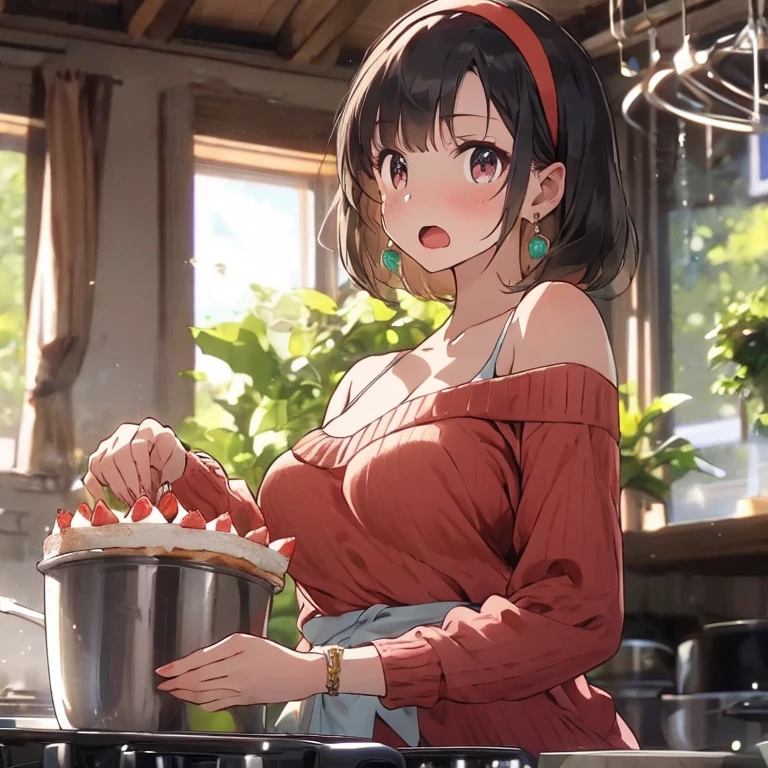 masterpiece, yor, 1girl, Bust A Cup, Amazing Cleavage:1.3, thin waist, big ass, Raised sexy, big breast: 1.2 posed cleavage:1.2、solo, looking at viewer, open mouth, have a cute grass of cute beergrass,black hair, red eyes, dress, bare shoulders, jewelry, collarbone, sidelocks, hairband, earrings, indoors, off shoulder, :o, sweater, arms behind back, plant, short hair with long locks, white hairband, off-shoulder dress, sweater dress, off-shoulder sweater, red sweater, big side hair, very long side hair,is rendered in (masterpiece: 1.2, best quality), with (ultra high resolution) and an exquisite (depth of field). This masterpiece is not only visually stunning but also tells,A scene of cooking in the kitchen