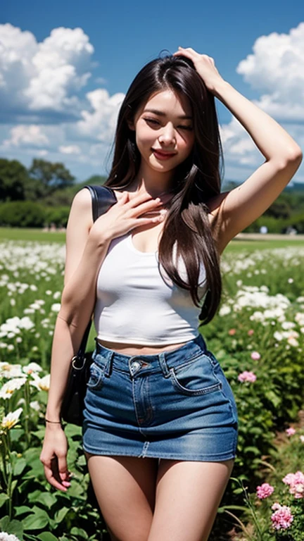 ((best qualtiy, 8K, tmasterpiece:1.3)),Focus:1.2, female high-school student，wooden cabin，（A look of determination）（adolable），delicated face，Long hair waist-length，long hair flowing，Tilt your head，ssmile，Hair details，Delicate Full Body Portrayal，Delicate depiction of the face，Best picture quality，A high resolution，细致背景，Delicate portrayal，exquisitedetails，Rich in detail，Facial strengthening，(Crop tops，short  skirt)，with blue sky and white clouds，wooden cabin，Sitting Among the Flowers，There are no bags under the eyes