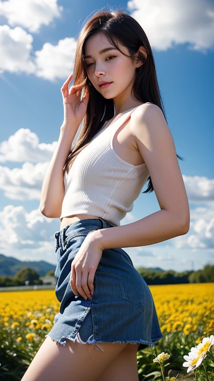 (RAW Photos, highest quality), (Realistic, photo-Realistic:1.3),highest quality,Very detailed,masterpiece,Super detailed,figure,One girl,upper_body,Dynamic Angle,world masterpiece theater,Messy_length_hair,highest quality,Very detailed CG Unity 8k wallpaper,ink,wonderful,Cinema Lighting,lens_Flare, Dunhuang_style、Full Body、A hyper-realistic image of a person wearing a plain, sheer tank top and denim shorts, Super detailedなキャラクター, Beautiful female tank top girl,Flawless, smooth skin,Eyes that sparkle like the Milky Way,Full Body,The Japan beautiful girl of the world、Looking up、Shui Shui Yun 8K,Multi-exposure Image of a clear tropical sky Slightly moist skin and clothes