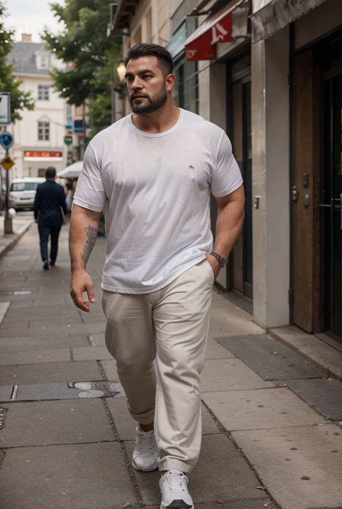 A tall muscular 40 years old man, brown curled up messy hair, big beard, wearing a open blue jacket, white button-up shirt below jacket, black jeans, eye glasses, walking on street, wearing a cap