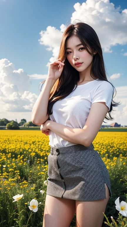 best qualtiy、masterpiece、photoRealstic、intricate-detail、Raw foto、Photon Rendering、Octane Rendering、absurderes、ultra-detailliert、A detailed face、Detailed skin、Trending in art stations、8K Masterpiece、lighting like a movie、( (1girl in))、((独奏) ))、CG Social Trends、Plastic En、((Black Long Hair))、((Beautuful Women))、(A smile)、Upper teeth、Fashionable、summer clothing、Hair that flutters in the wind、((Flowing hair))、fashion magazine、(A sexy)、((lighting like a movie))、((Riding a bike))、((blue-sky))、((Sun flower))、Sunflower field、stroll