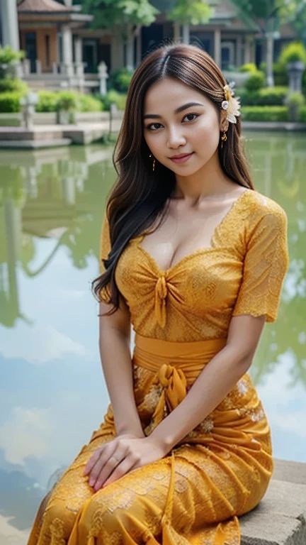 1 Indonesian-Dutch girl, 20 years old, long fashion hair, fit body, small cleavage, skintight white lace kebaya transparan, batik mini skirt, masterpiece, highly detailed, ultra hd, 8k, detailed face, bright eyes, perfect eyes, detailed skin texture, detailed lips, sexy lips, perfect hands, dramatis. rendering, dynamic angle, cowboy shot, NSFW nudity, (puffed breast, ample cleavage)
