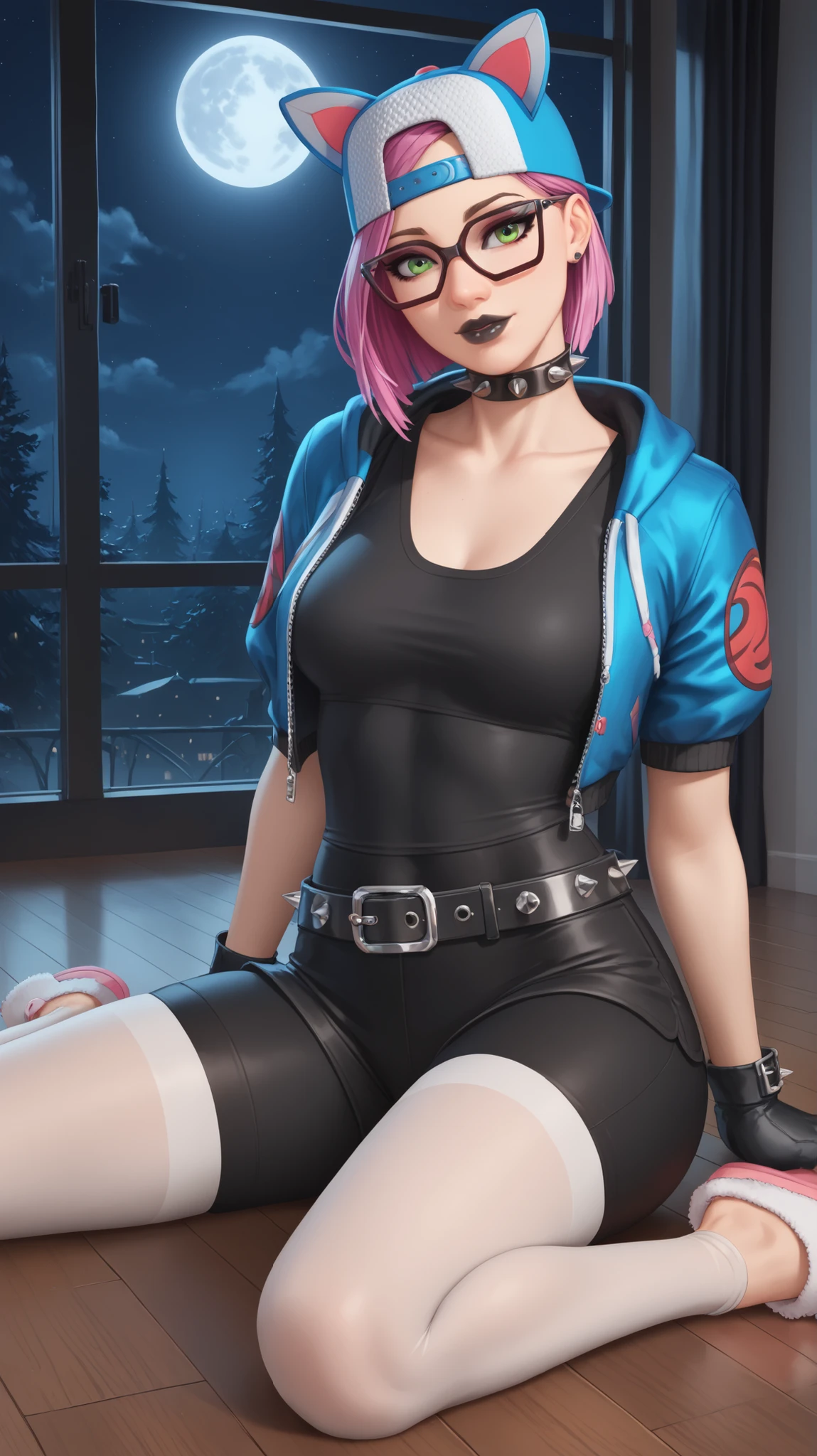frankie foster, 1girl, (fractal:1.3), hi res, HD, anime, sharp, extremely colored, mature 1women, beautiful, shiny skin, huge translucent eyes, cutest, wide hips, medium breasts, soft lips, thick eyebrows, (choker:1.2), street, jacket, skirt
